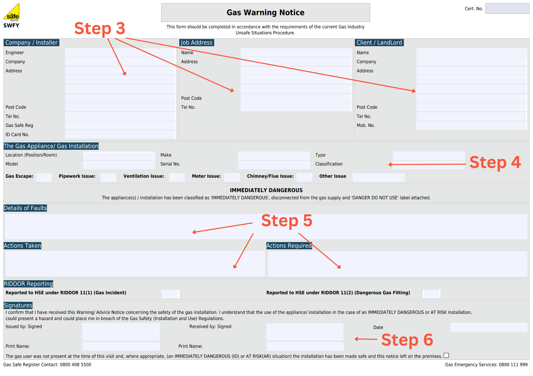 Instructions for filling out a gas warning notice template