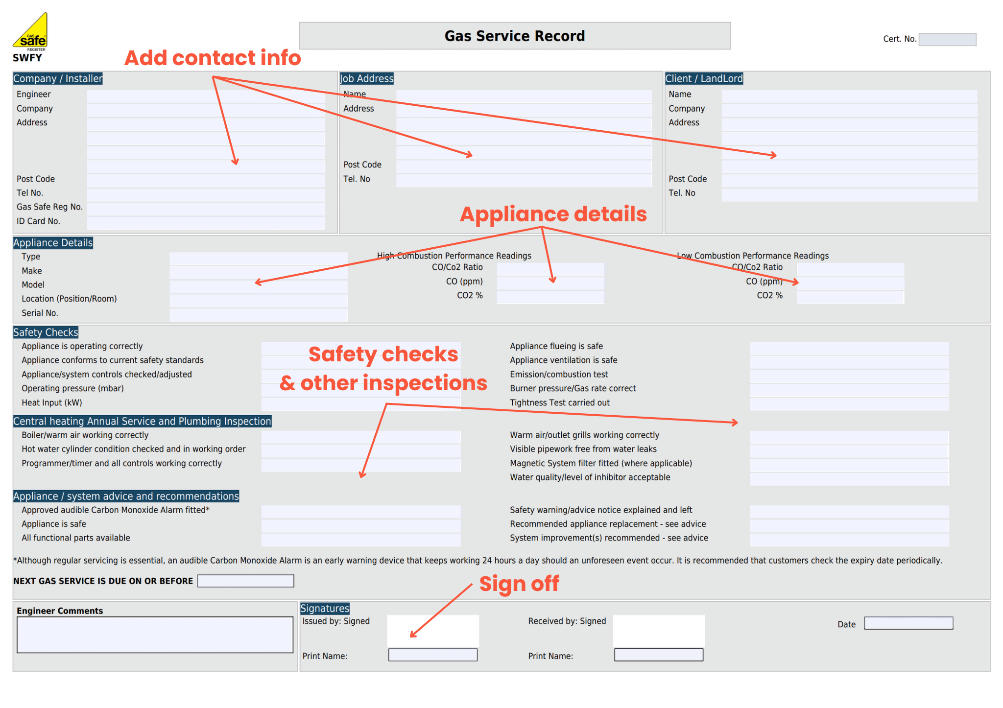 Gas service record instructions Instructions for using the MEIWC